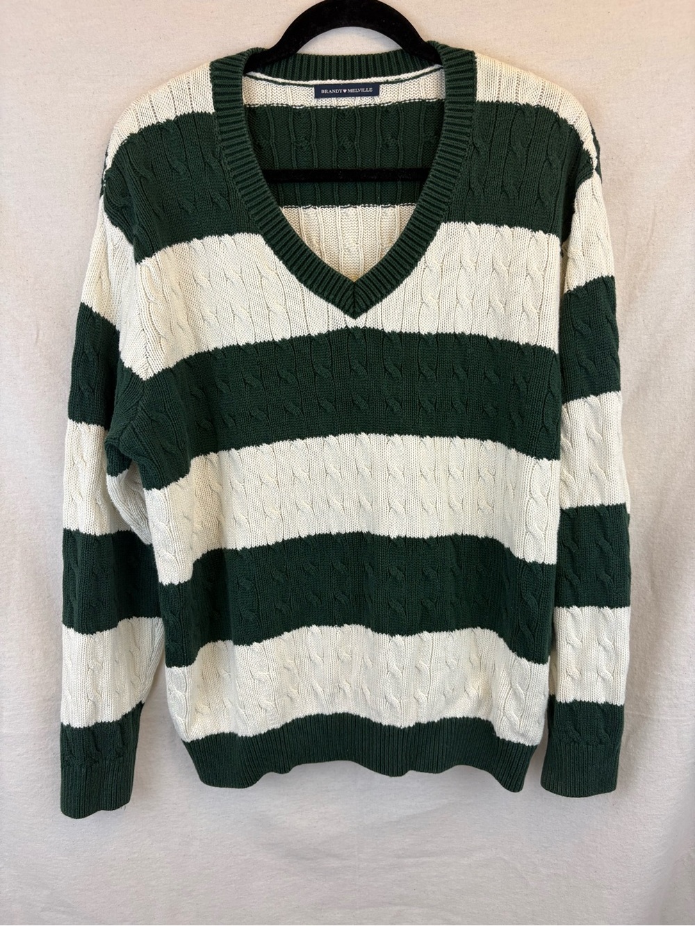 Brandy Melville Green White Striped V-Neck Nikki Sweater Preppy One Size Cotton
